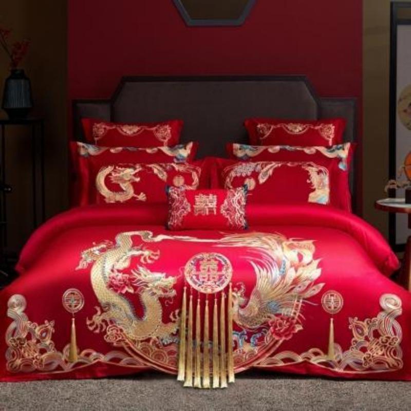 New Chinese style big red embroidery wedding quilt cover polished wedding room bedding wedding four-piece multi-piece set