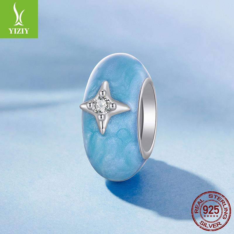 New 925 Sterling Silver Blue Dripping Oil Dream Galaxy Silicone Bead Diy Bracelet Beaded Accessories