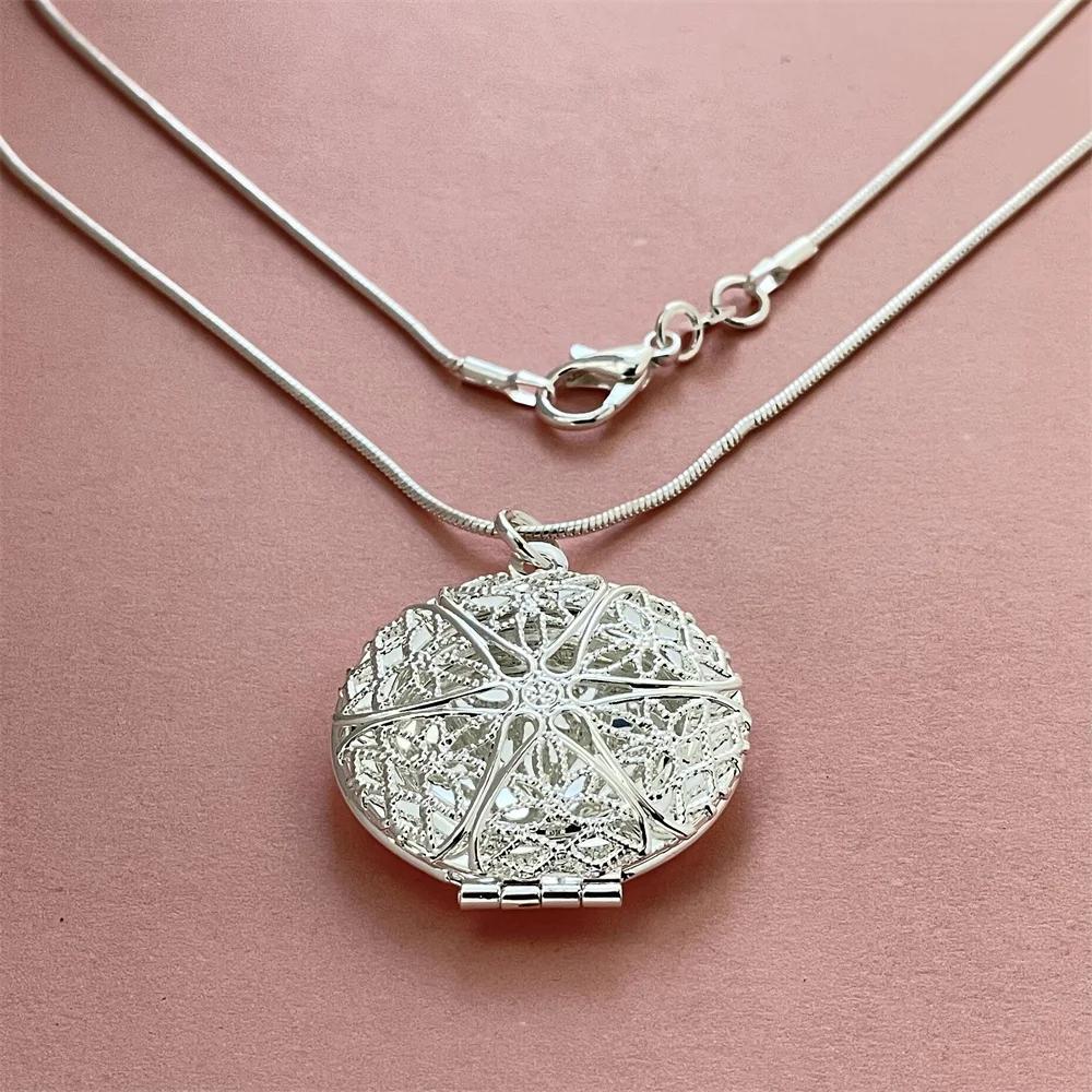 925 Silver Necklace Hollow Round Photo Frame Pendant, Suitable For Women's Daily Wear