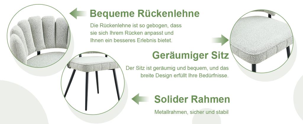 Tisch- und Stuhlset. Runder Esstisch 107 cm in Nussbaumoptik, doppelte Stauraumfunktion + 2 cremefarbene graue Stoffstühle mit blumenförmiger Rückenlehne aus Bouclé.