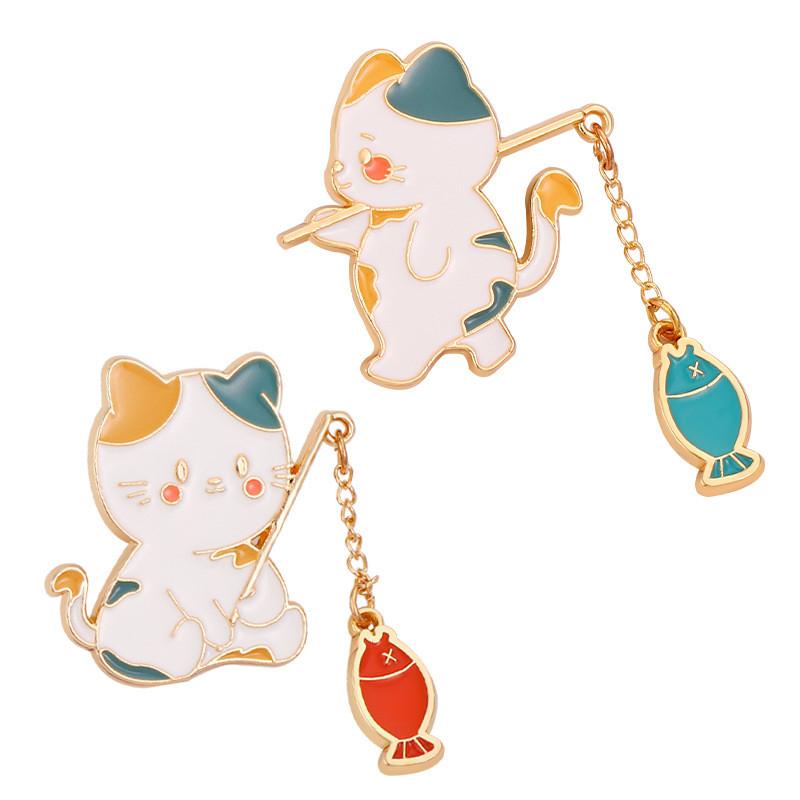 Cat Cartoon Fishing Style Metal Badge Accessory Sweater Jacket Decoration Brooch