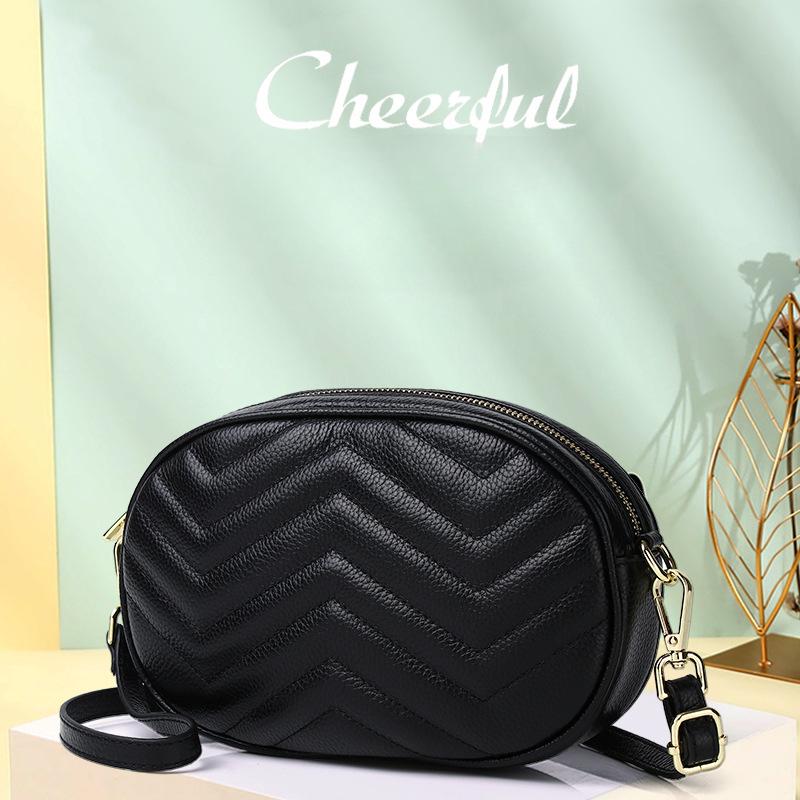 Cowhide Women'S Bag Peach Heart Striped Shoulder Messenger Bag Summer Mobile Phone Bag Small Round Bag Soft Leather Tide