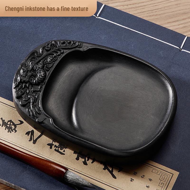 Chengni Inkstone Calligraphy Set: Natural Raw Stone Ink Stick, Duan & She Inkstones, Calligraphy Brush, and Ink Block for Grinding.