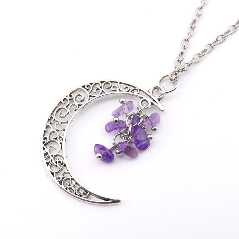 Handmade Crochet Moon Crystal Tassel Grape Cluster Natural Stone Necklace
