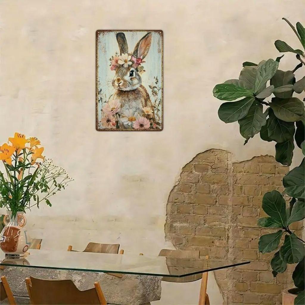 Vintage Bunny with Floral Wreath Metal Tin Sign, Rustic Iron Wall Art for Home, Garden, Gym, Cafe, Garage