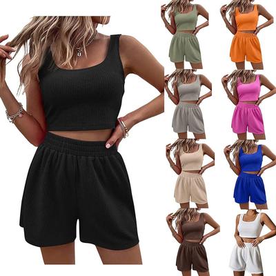 2023 Summer Women's Sweet Style Knit Sleeveless Casual Solid Color Suit