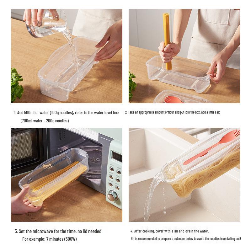 1300ML Mikrowellengeeigneter Lebensmittelbehälter mit Gabel, Löffel, Deckel und Abtropfsieb für Nudeln