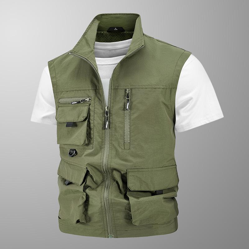 

Youth Solid Color Stand-up Collar Outdoor Leisure Multi-pocket Vest Youth Handsome Waterproof Quick-drying Breathable Tops 5XL темно-зеленого