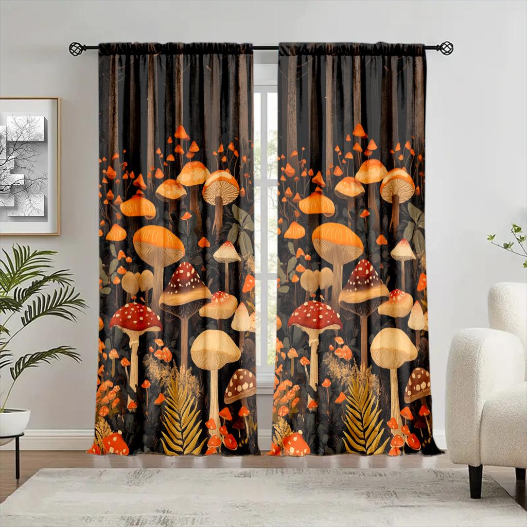 Ensemble de 2 Rideaux Imprimés Motif Champignon Buisson Décoration Intérieure Traitement de Fenêtre Chambre Bureau Cuisine Pour Maître Fabriqué en Polyester Avec Passe-tringle