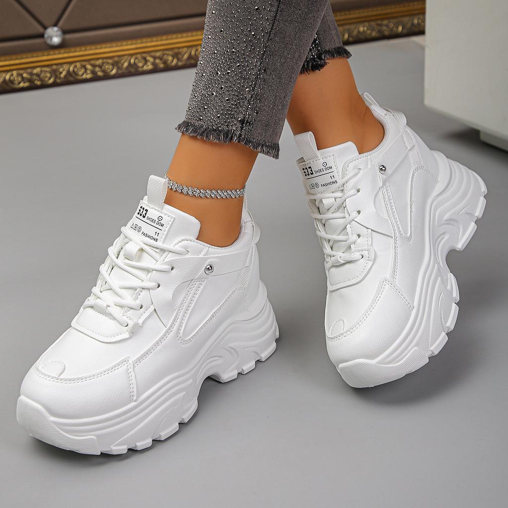 Damen Chunky Sneaker Weiß Schwarz Leder Plateau Sneaker für Damen Höhenvergrößernde Schuhe Dicke Sohle Freizeitschuhe Frau