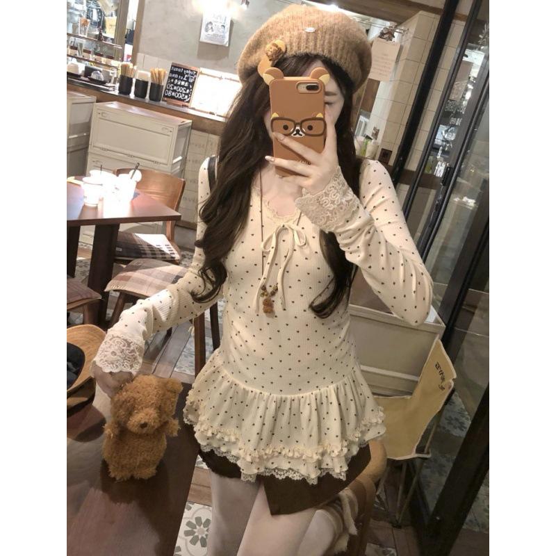 260g Cotton Modal Lace Polka Dot Long Sleeve Slim Fit Women s T-Shirt XLarge