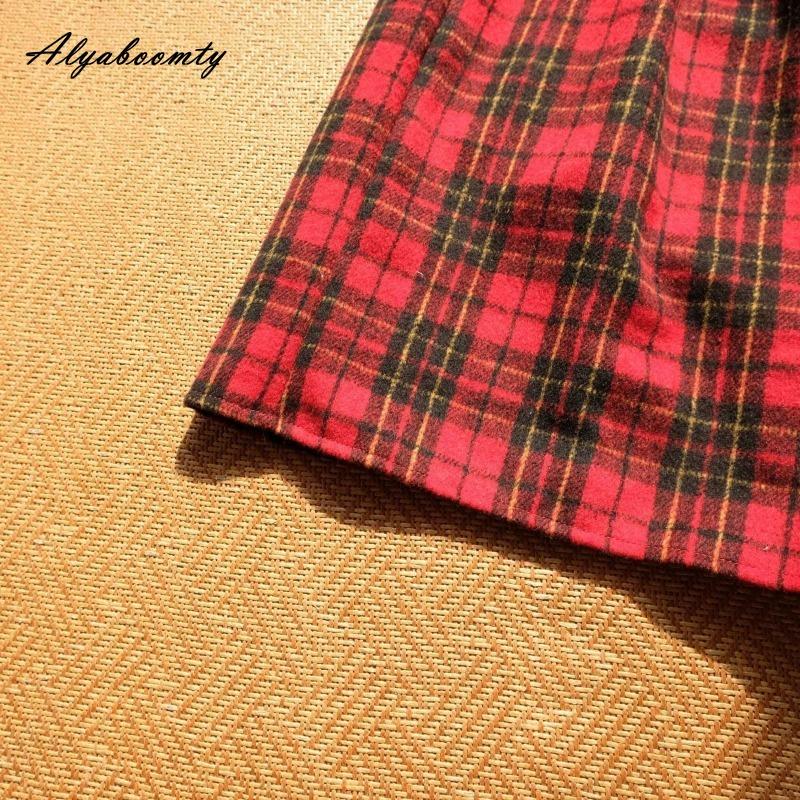 Japanese Preppy Style Autumn Winter Women Midi Skirt High Waist Red Plaid Woolen Skirt Vintage Wool Elegant Christmas New Year Skirt With Pockets