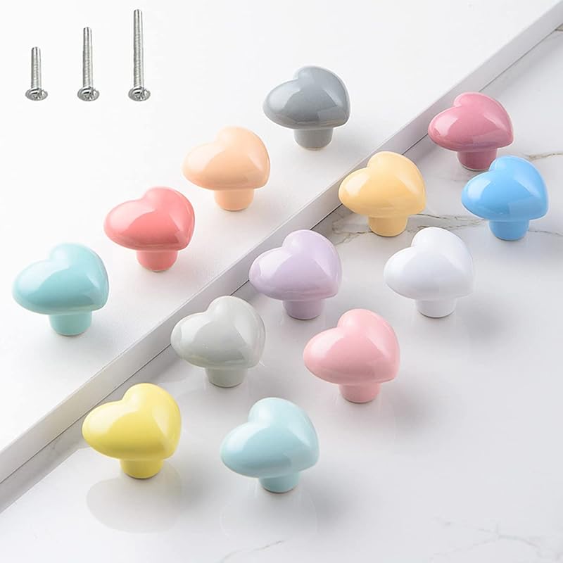 HUAMULAN 15PCS Glossy Ceramic Knobs Heart Shape Cabinet Dresser Pulls Door Handles Cupboard Wardrobe Drawer,3 Size Mounting Screws, Assorted Color