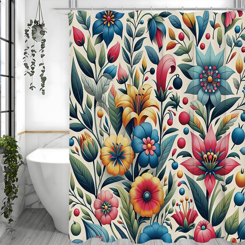 Cortină de Duș de Primăvară Colorată Florală cu Frunze, Cortină de Duș Decorativă pentru Baie, Cortină de Duș Impermeabilă cu Cârlige