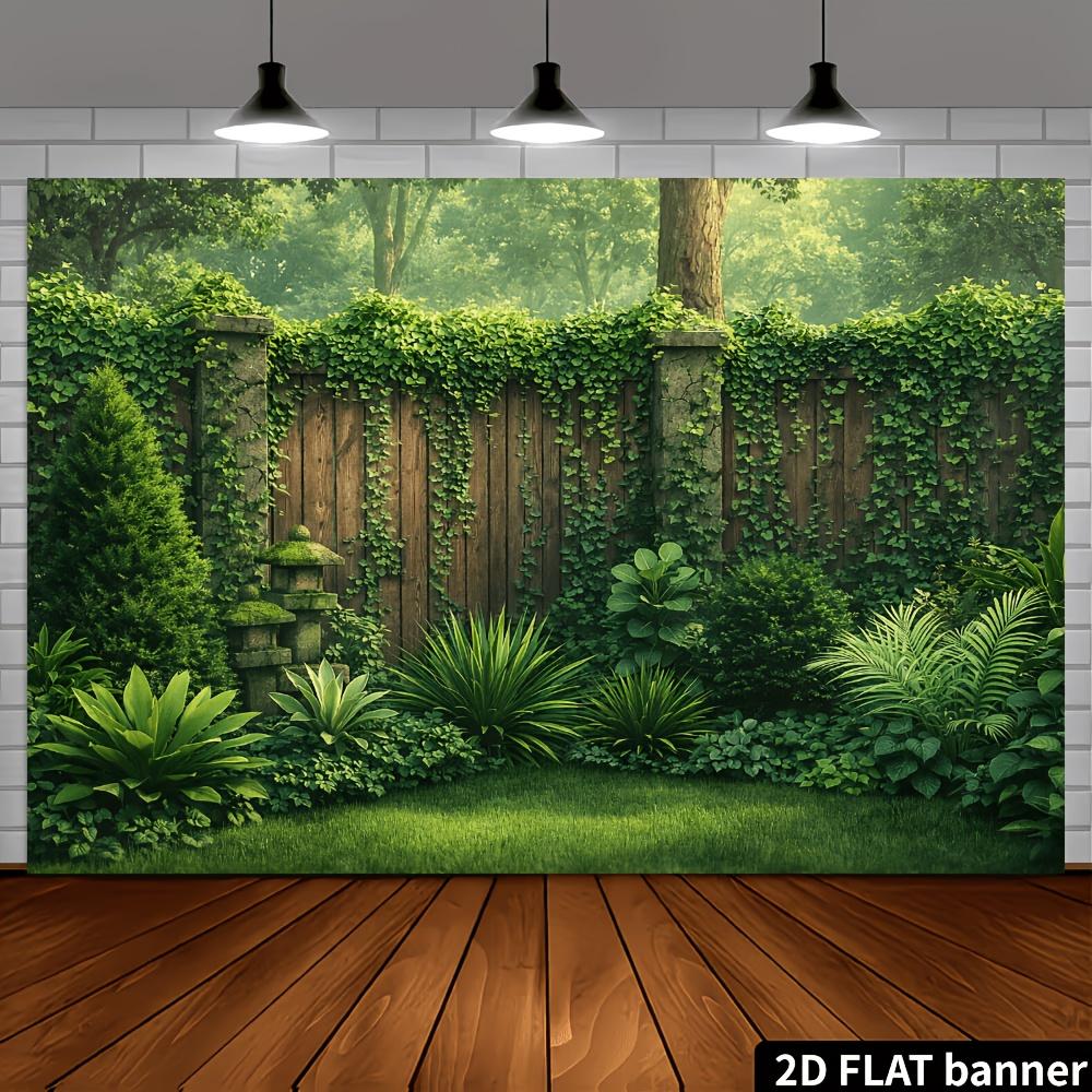 2D planar natural courtyard theme banner background  featuring fresh green plants style  suitable for home and office decoration