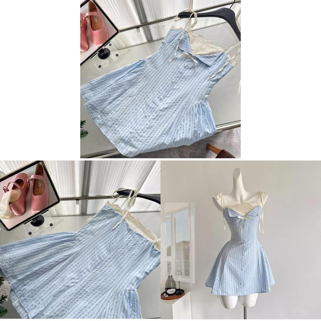 Summer Womens Blue Striped Lace Trim Aline Dress With Waist Tie For Casual Wear