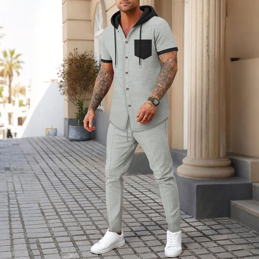 Men  Sports  Leisure  Waverg  Hooded  Hood  Short  Sleeves  Trousers  Set