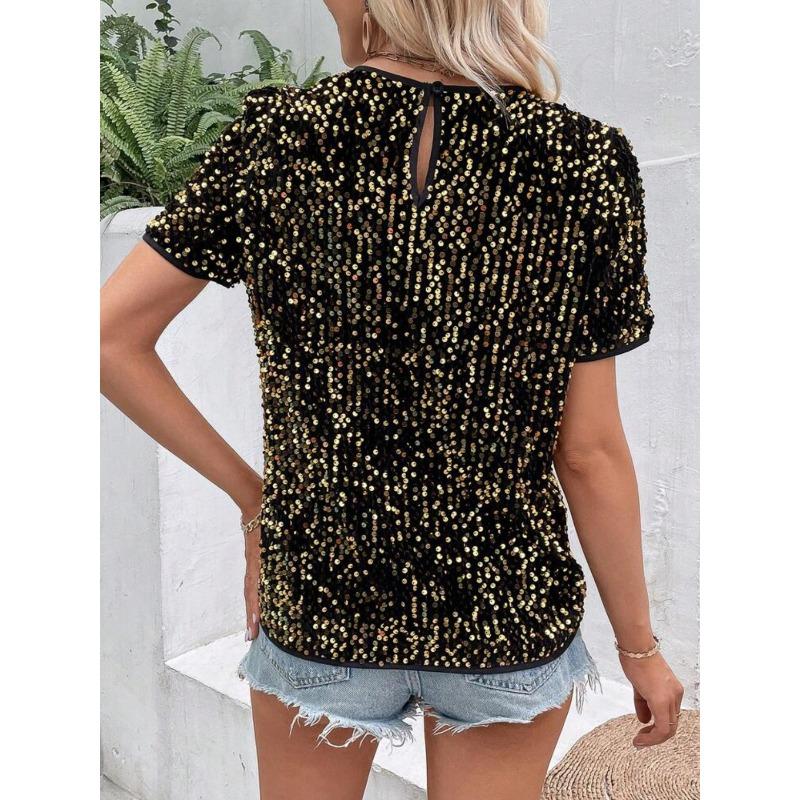 Top da Donna Rosa con Paillettes a Manica Corta Girocollo Casual da Festa Vestibilità Larga Camicetta Maglietta