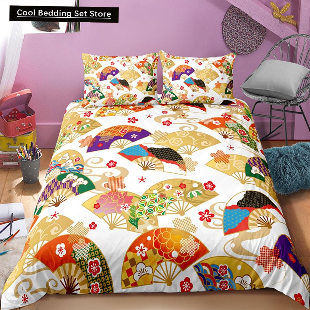 Bettbezug mit japanischer Puppe, bedruckt, King-Queen-Bett, Cartoon-Glückskatze, Bettwäscheset für Kinder und Mädchen, Fan, weiß, 2/3-teilig, Polyester-Bettbezug