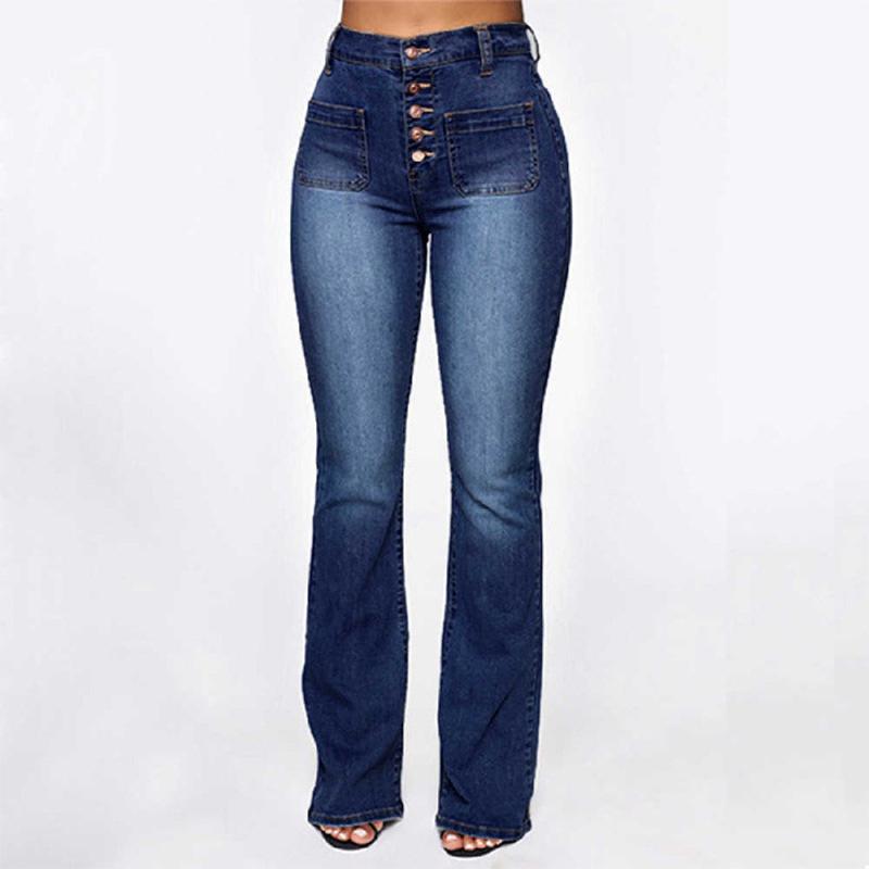 Women s Jeans Button Patch Pocket High Waist Washed Jeans Clothes Sale S темно-синий