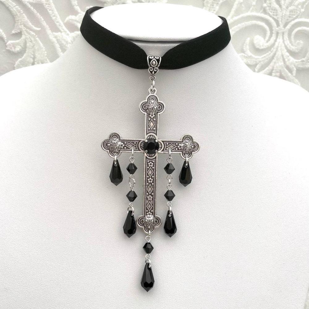 Retro Style Large Cross Pendant Choker Red Color Punk Outfit Vintage Choker Vintage Look Goth Cross Choker Y2k Style чёрный