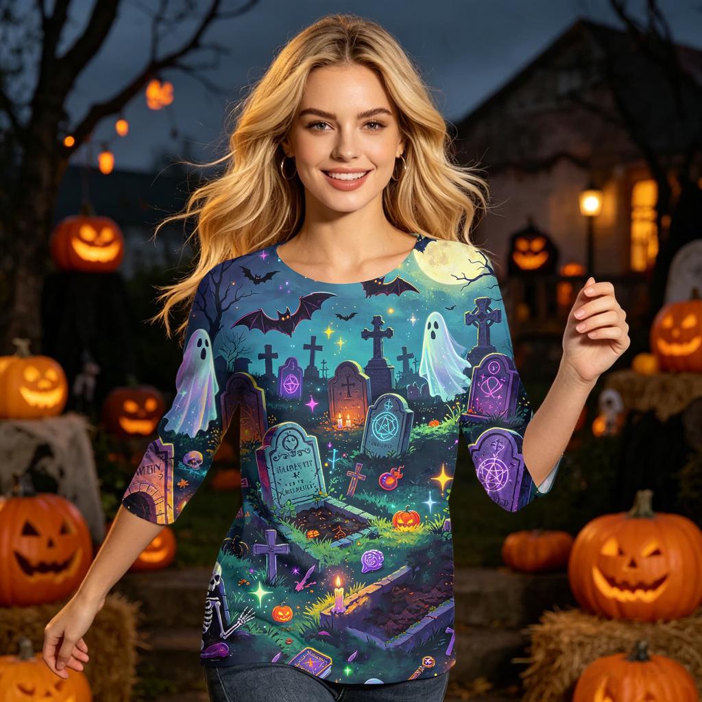 Women’s Casual Three Quarter Sleeve Halloween Printed Crew Neck Top Loose Fit Pullover Comfortable Lightweight Shirt Blouse