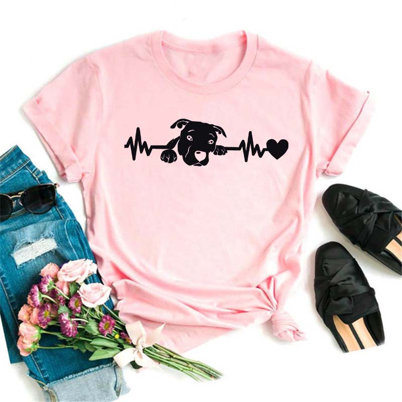 Maycaur Women T Shirt Fashion Dog Heartbeat Print T-shirt Funny 90s Print T Tee Womens Tshirt for Female Red Shirt Clothes Tops