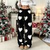 Soft Drawstring Sleeping Trousers Women Fuzzy Pants, Heart Print Wide Leg Pajama Bottoms with Elastic Cozy Winter Home Pants Waist Drawstring,