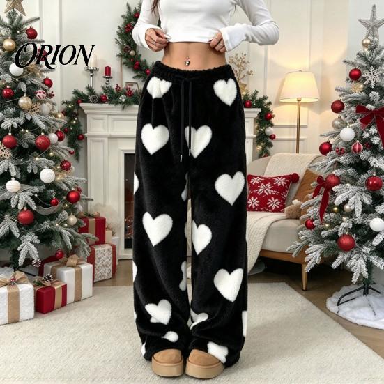 Soft Drawstring Sleeping Trousers Women Fuzzy Pants, Heart Print Wide Leg Pajama Bottoms with Elastic Cozy Winter Home Pants Waist Drawstring,