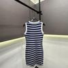 Stylish European Knit Embroidered Stripe Round Neck Slim-Fit Vest Dress