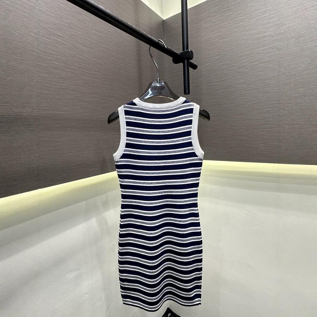 Stylish European Knit Embroidered Stripe Round Neck Slim-Fit Vest Dress