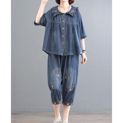 Conjunto de Dos Piezas de Mezclilla para Mujer Top con Cuello Volante de Media Manga Pantalones Cortos Sueltos Atuendo Casual