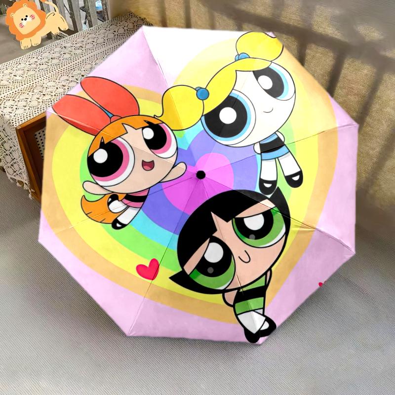 1PC The Powerpuff Girls Umbrella Portable Folding Umbrella Iron Frame Hole Bone Structure Outdoor Home Umbrella A7