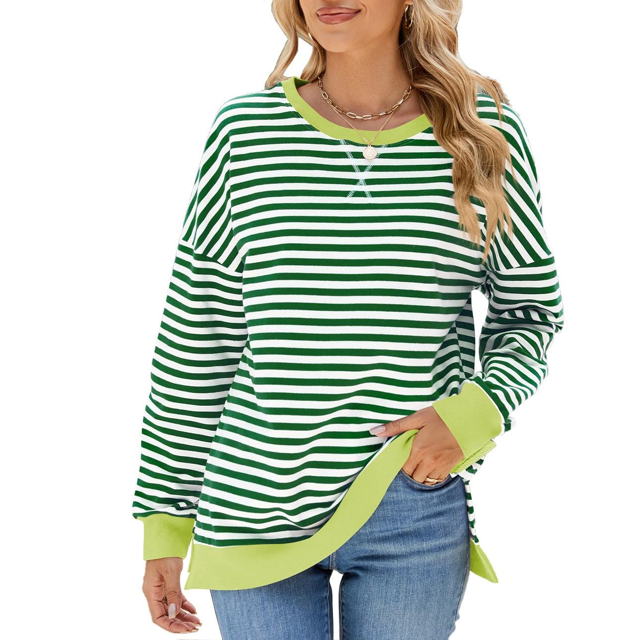 

Жіноча велика спортивна сорочка з круглим вирізом і довгими рукавами в смужку, повсякденна сорочка-пуловер вільного крою S зелений