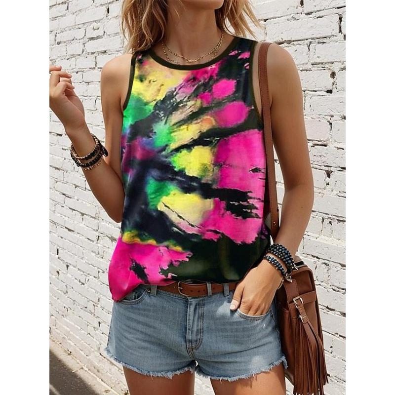 Mode Neu Batik 3D Druck Damen Tanktops Sommer O-Ausschnitt Lässiges Weste Schulterfrei Y2k Ärmelloses Oberteil Camisole Damen Kleidung