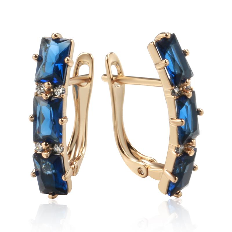 Full Blue Natural Zircon Drop Earrings For Women Fashion Oblong Rose Gold Color High Quality Daily Fine Jewelry