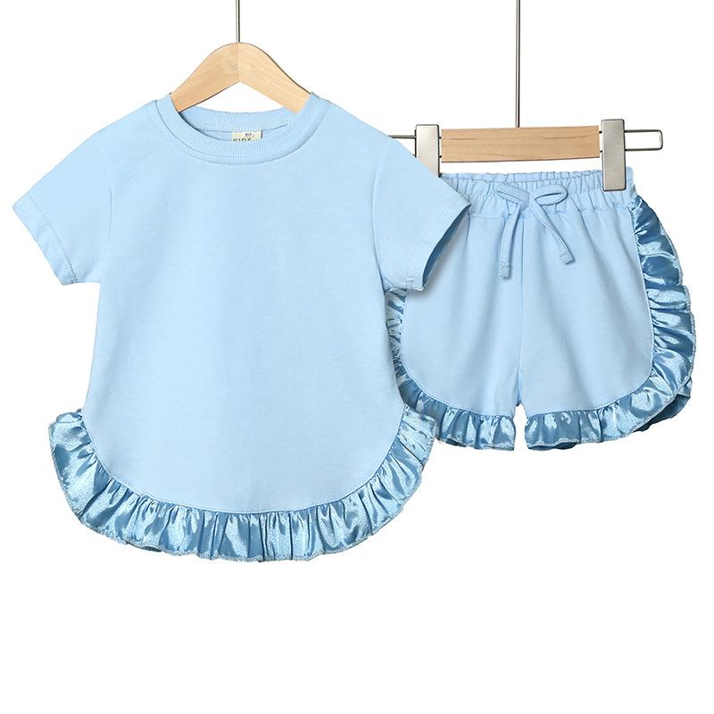 Sommer Mädchen Set Koreanischer Stil Mode Kurzärmeliges Spitzenoberteil Shorts Zweiteiliges Set