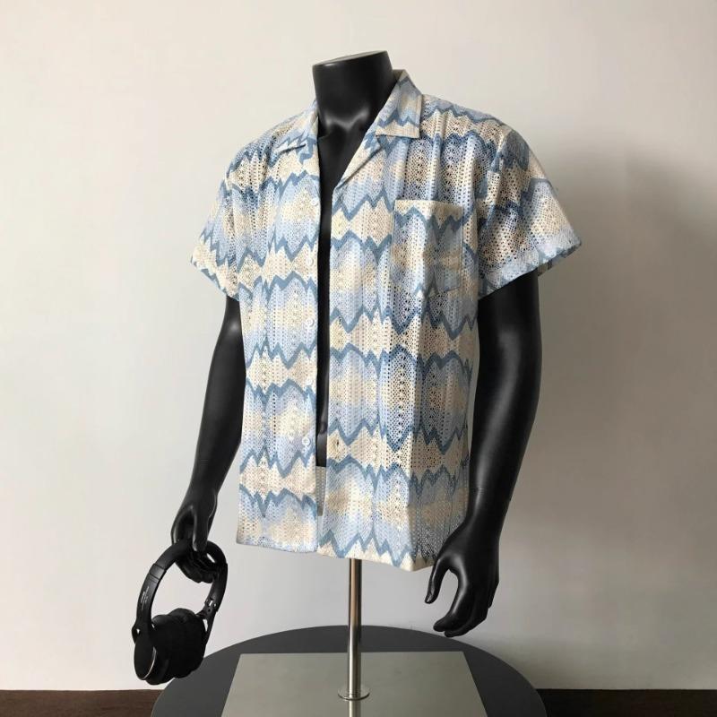 Summer Men Wave Stripe Hollow Out Shirt Casual Cuban Collar Top M синий