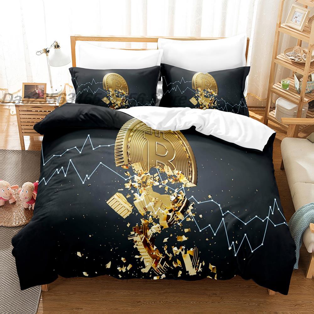 Bitcoin Grafik Bettwäscheset Einzelbett Twin Full Queen King Size Bettset Aldult Kinder Schlafzimmer Bettdeckenbezug Sets 3D Druck Bettlaken Set
