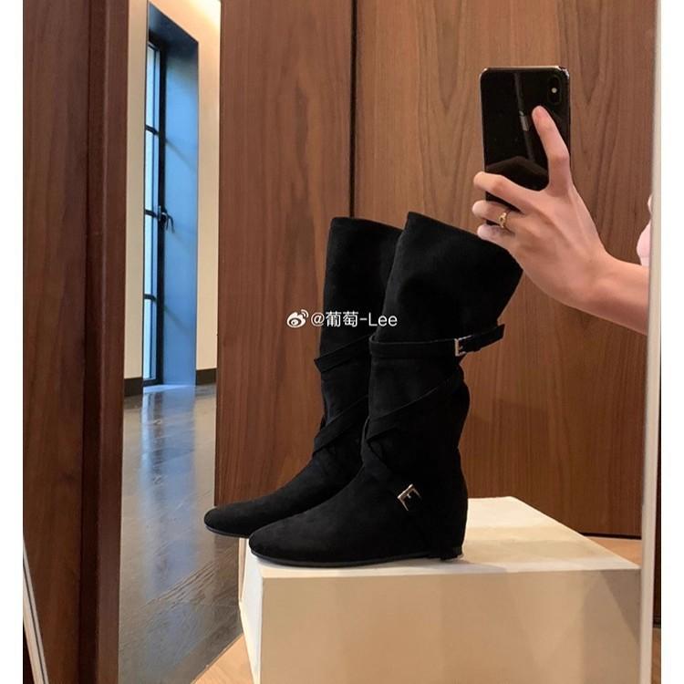 Cowhide version, height increased by 0cm~ Korean round head buckle with soft folds and thin medium boots Women's high-heeled boots