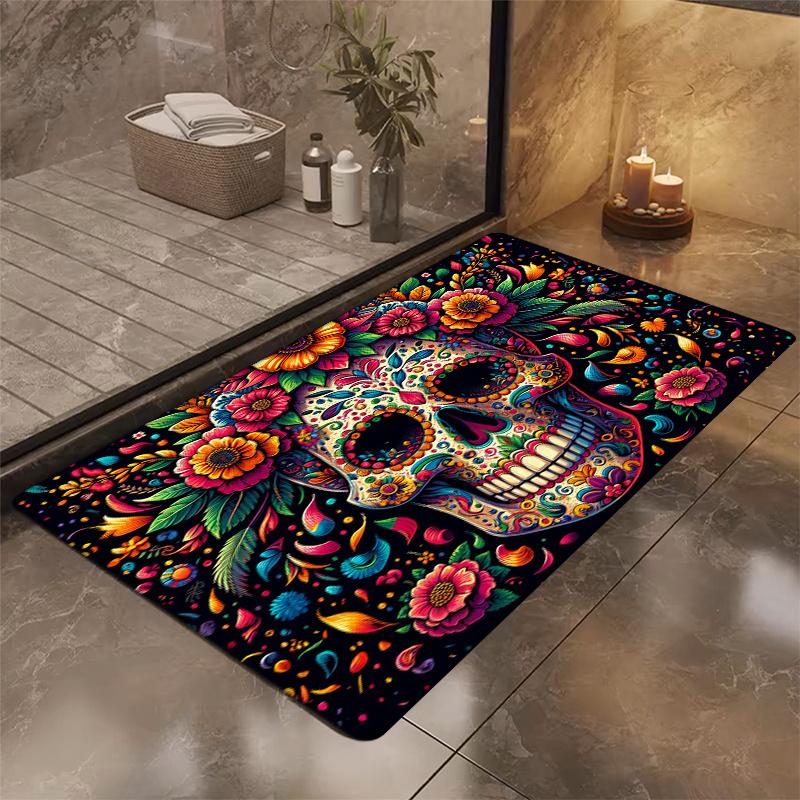 Halloween Skull Carpet Home Decor, Water-Resistant, Noni-Slip Floor Mat At Doorway, Mexican Day Of The Dead Festival