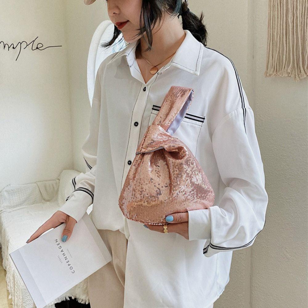 Korean Style Sequin Handbag Solid Color Tote Bag Cute Knot Wrist Bag  Travel