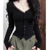 Women's Black V-neck Slim Knit Top - Spring/Autumn Fashion
