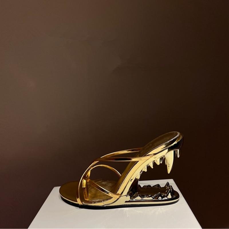 Móda FHC 2024 Nová móda Sexy sandály na vysokém podpatku, Zvláštní žraločí obří zuby Dutý podpatek, Dámské letní boty, Zlaté, Stříbrné, Dropship