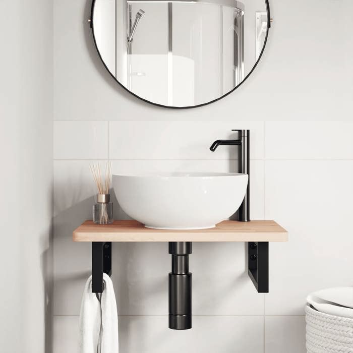 VidaXL Étagère de vasque murale acier et bois massif de hêtre, étagère de vasque flottante, étagère de vasque à poser 3302357