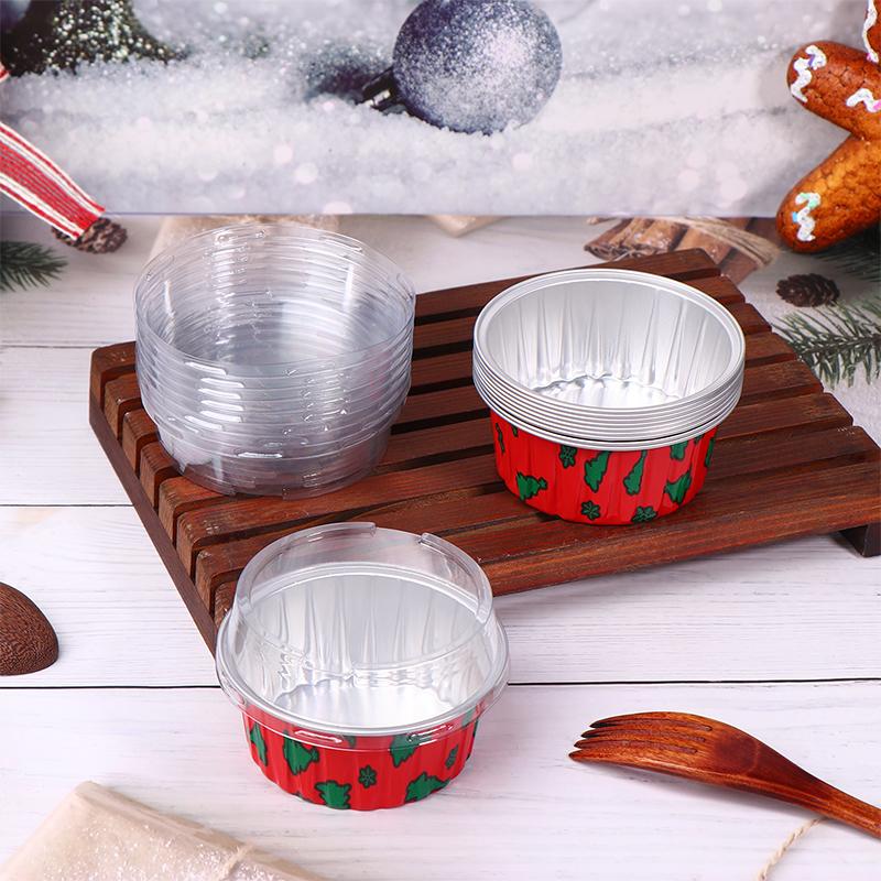 10 Pcs Reusable Round Aluminum Foil Tin Cup With Lids Pudding Cake Mold Air Fryer Tinfoil Box Small Baking Tray Tinfoil Cups