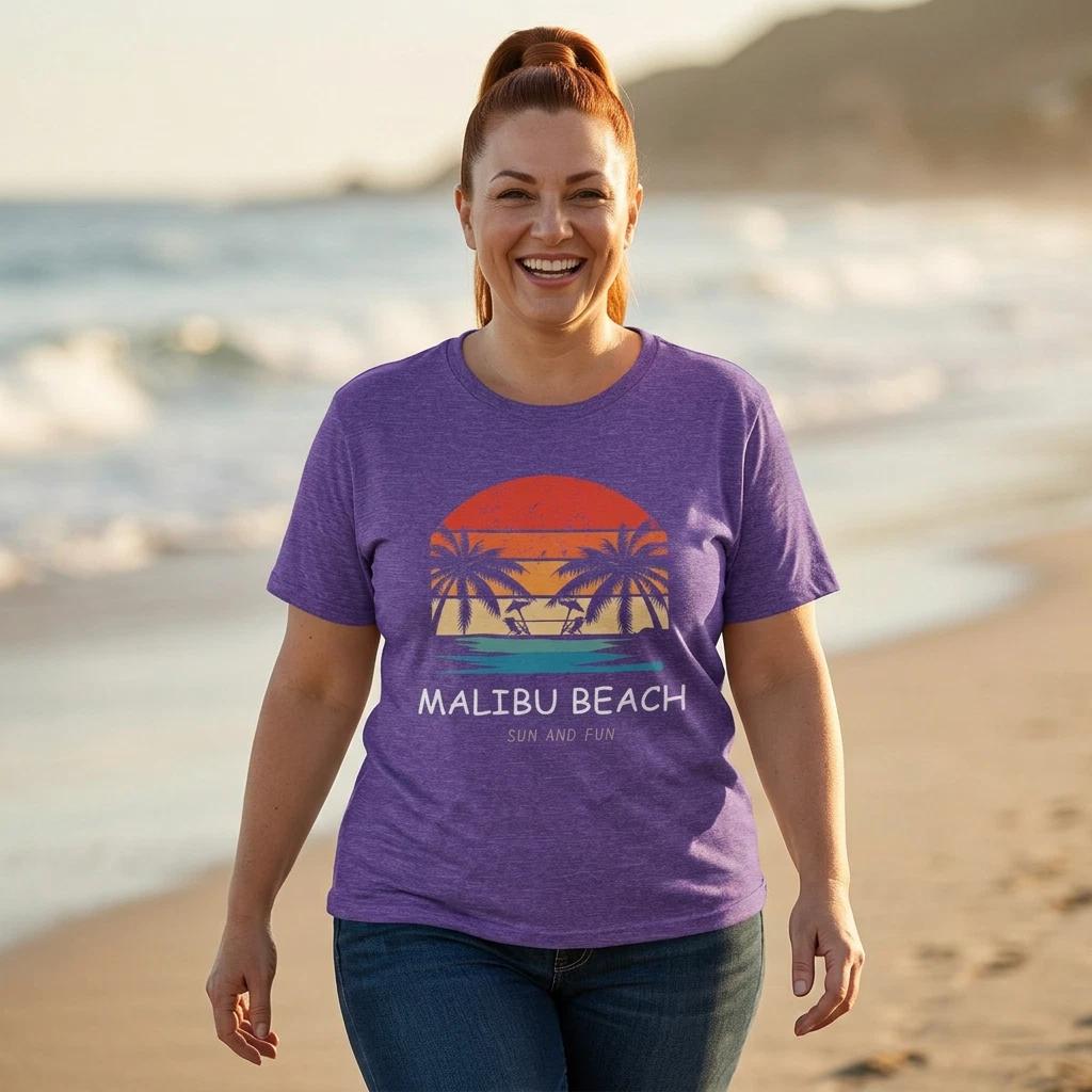 Malibu Beach California Sunset T-Shirt Palm Trees Retro Unisex Tee M