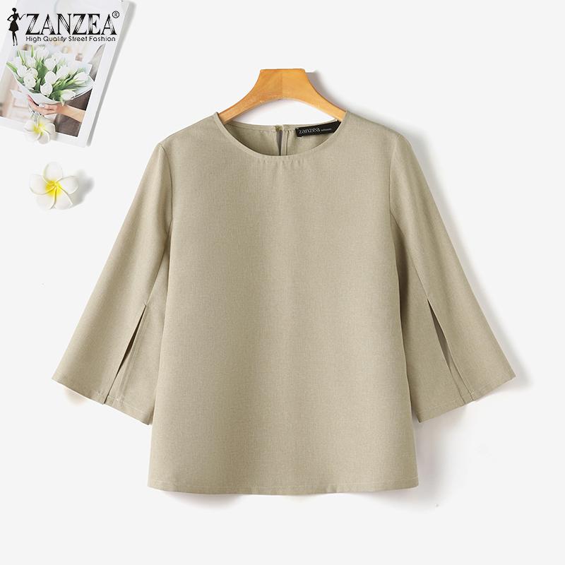 ZANZEA Women Summer Round Neck 3/4 Slit Sleeve Blouses