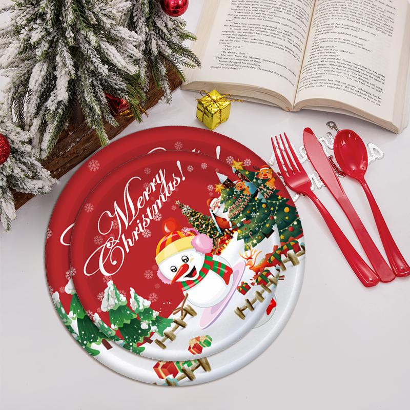 10Pcs/Set Disposable Tableware Set Spoon Fork Happy New Year Merry Christmas Party Supplies Paper Plates X-mas Party Decorations