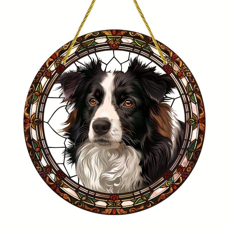 2D Flat Acrylic Border Collie Stained Glass Style Sun Catcher,Round Acrylic Window Hanging Decoration, Animal Theme, Home Decor for Living Room Office